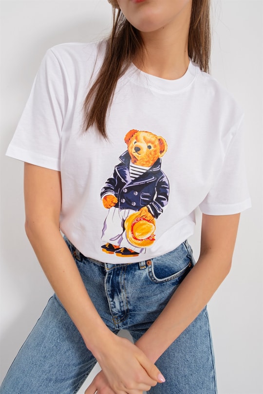 Bisiklet Yaka Teddy Tshirt Beyaz