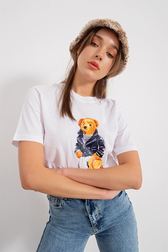 Bisiklet Yaka Teddy Tshirt Beyaz