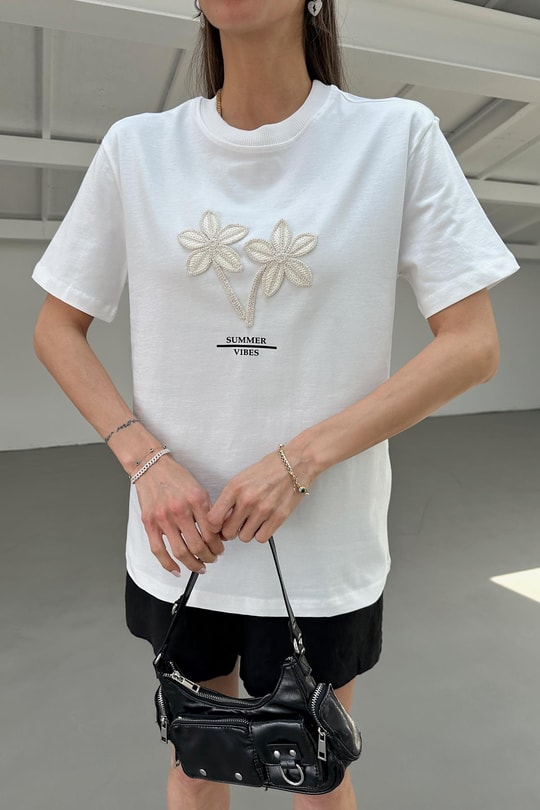 Bohem Nakışlı Tshirt Beyaz