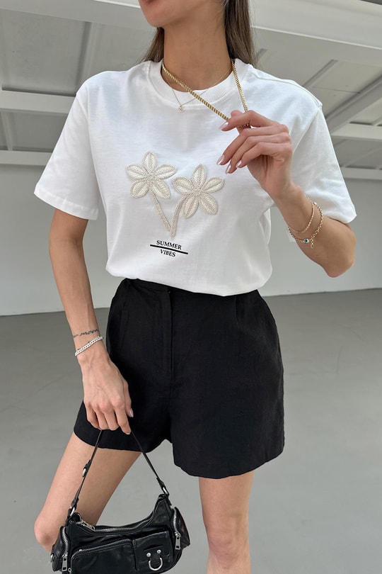 Bohem Nakışlı Tshirt Beyaz