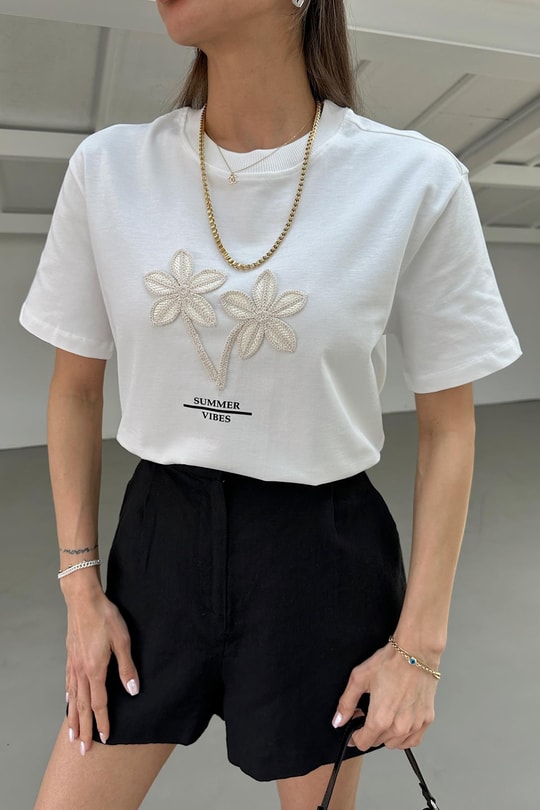 Bohem Nakışlı Tshirt Beyaz