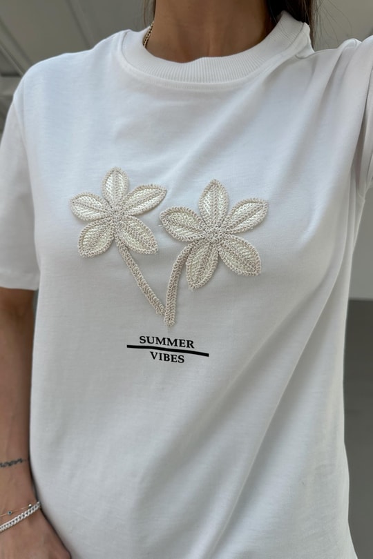 Bohem Nakışlı Tshirt Beyaz