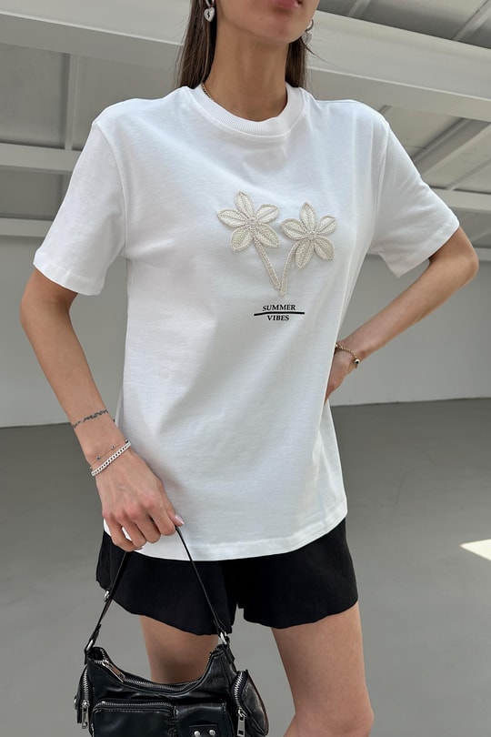 Bohem Nakışlı Tshirt Beyaz