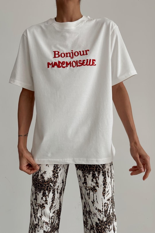 Bonjour Nakış Tshirt Beyaz