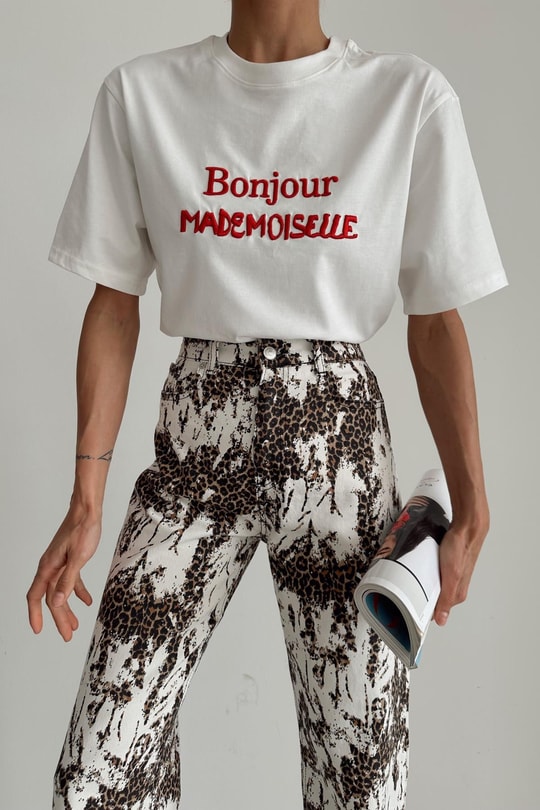 Bonjour Nakış Tshirt Beyaz