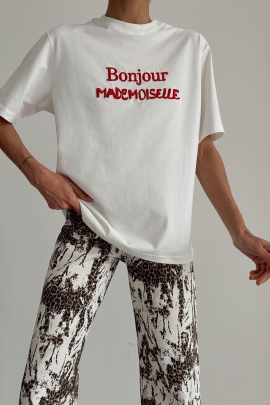 Bonjour Nakış Tshirt Beyaz