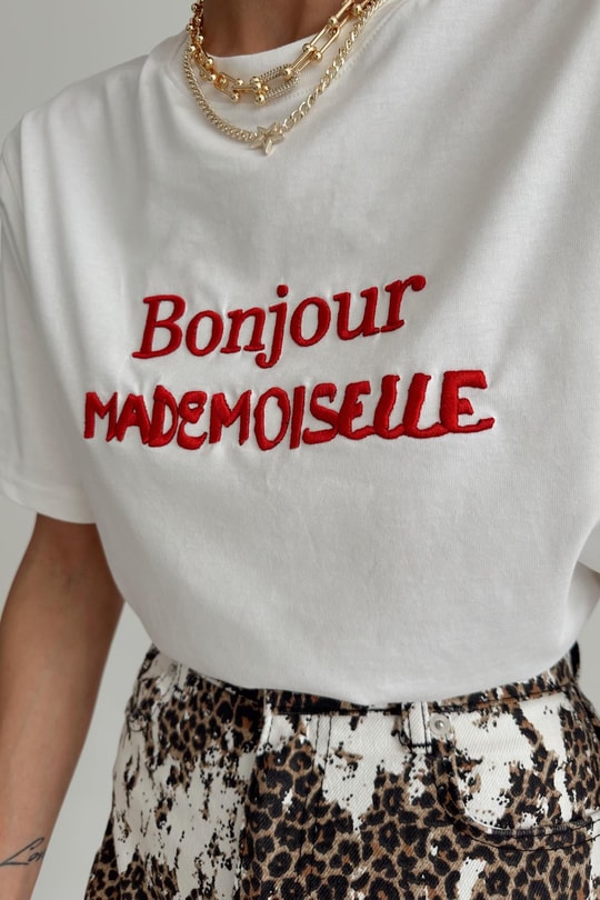 Bonjour Nakış Tshirt Beyaz