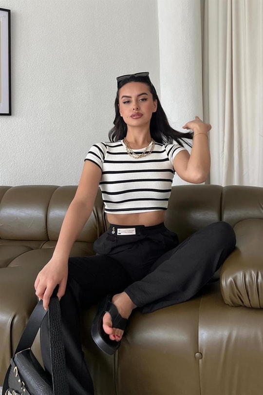 Çizgili Crop Tshirt Krem