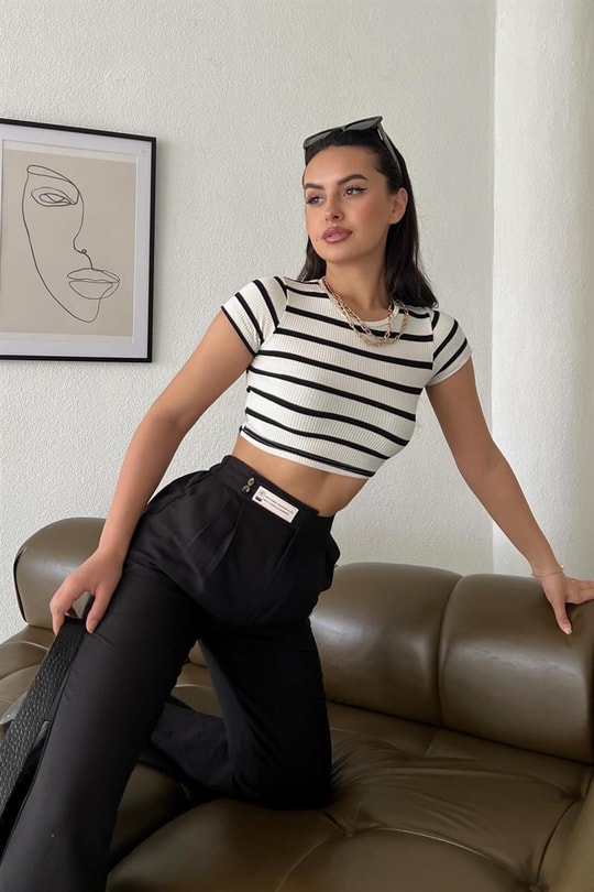 Çizgili Crop Tshirt Krem