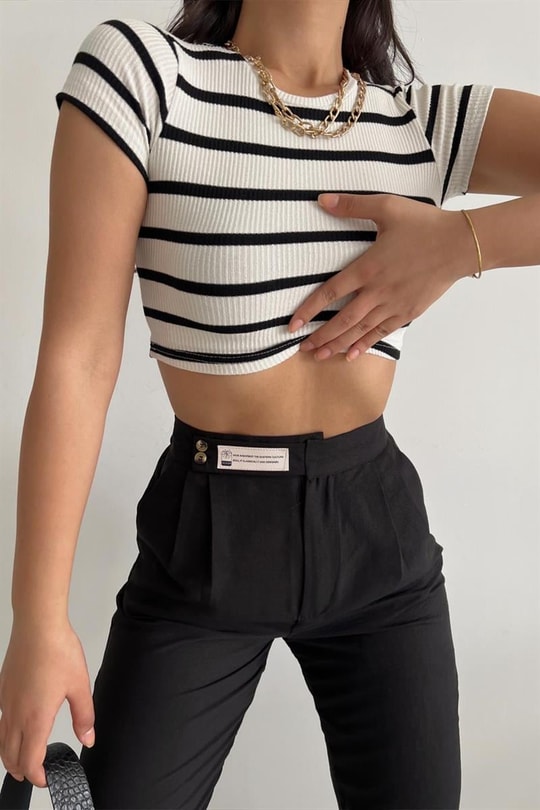 Çizgili Crop Tshirt Krem