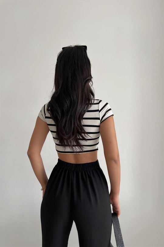 Çizgili Crop Tshirt Krem