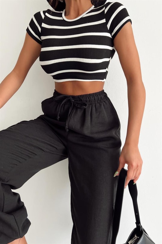 Çizgili Crop Tshirt Siyah