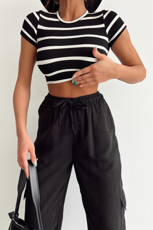 Çizgili Crop Tshirt Siyah