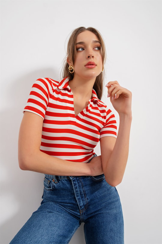 Çizgili Kaşkorse Tshirt Kırmızı