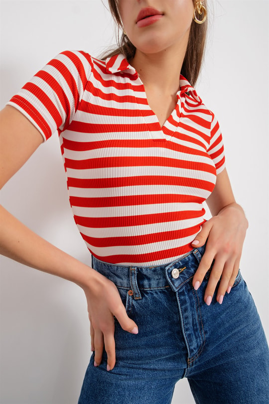 Çizgili Kaşkorse Tshirt Kırmızı
