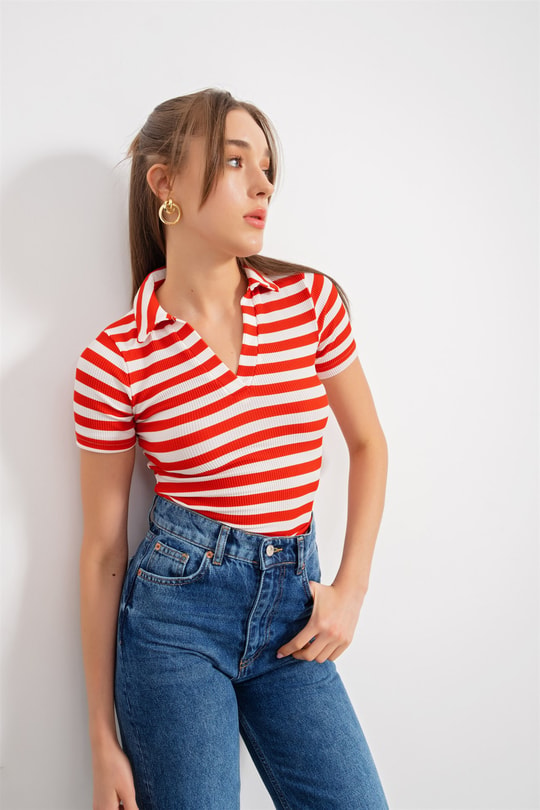 Çizgili Kaşkorse Tshirt Kırmızı