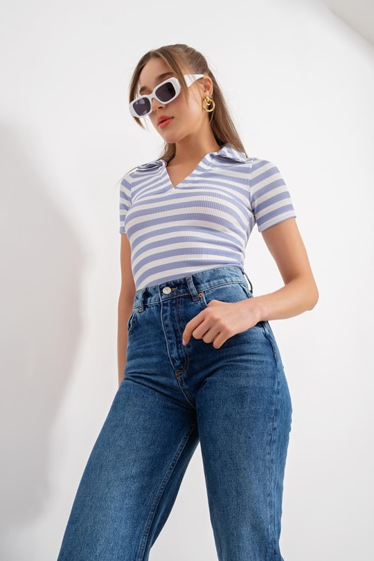 Çizgili Kaşkorse Tshirt Mavi