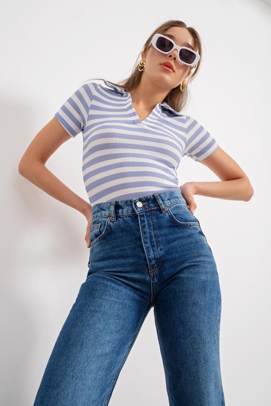 Çizgili Kaşkorse Tshirt Mavi