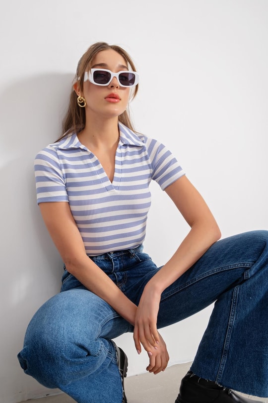 Çizgili Kaşkorse Tshirt Mavi