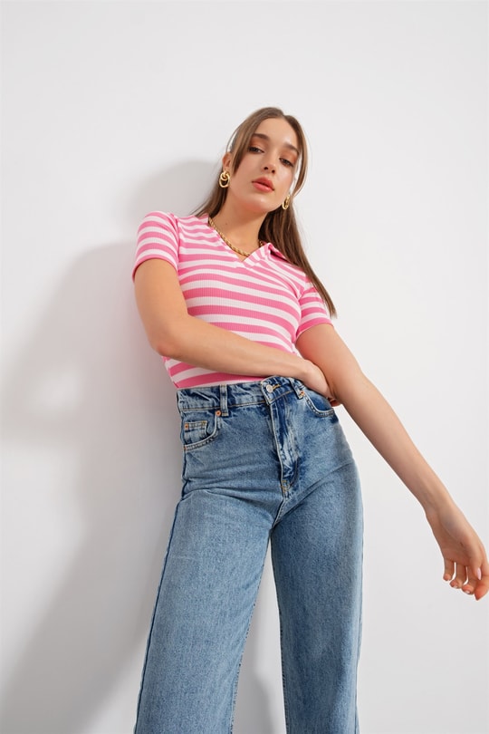 Çizgili Kaşkorse Tshirt Pembe