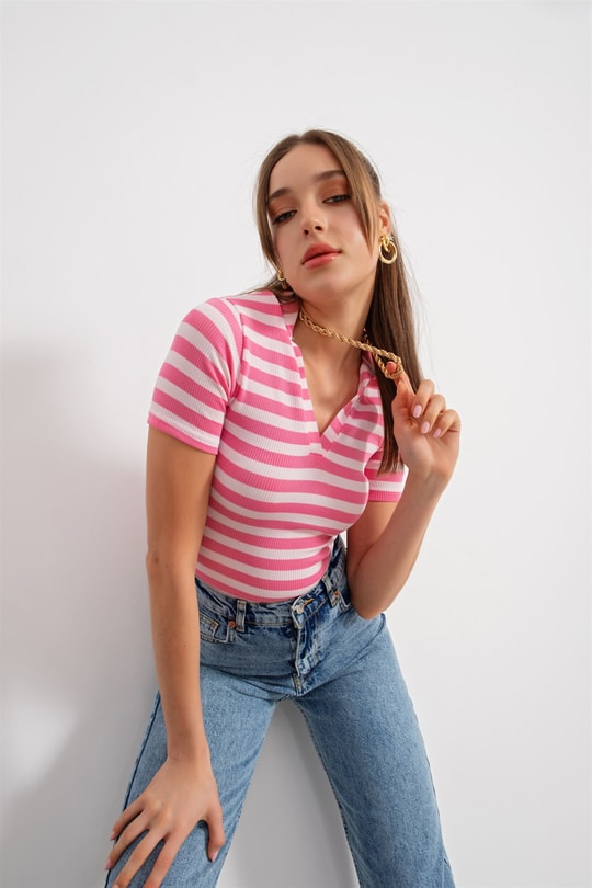 Çizgili Kaşkorse Tshirt Pembe
