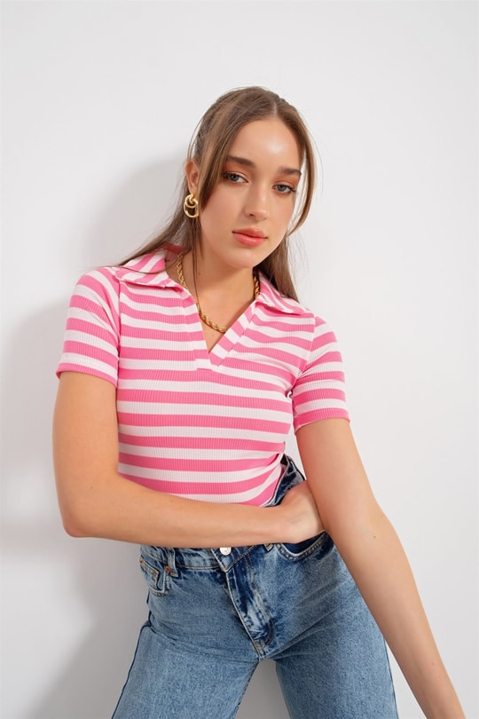 Çizgili Kaşkorse Tshirt Pembe