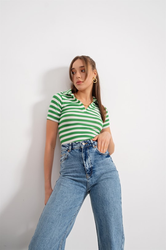 Çizgili Kaşkorse Tshirt Yeşil