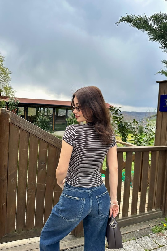 Çizgili Kısa Kol Tshirt Kahve