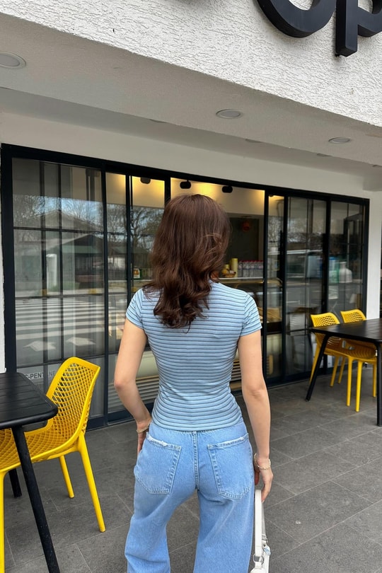 Çizgili Kısa Kol Tshirt Mavi