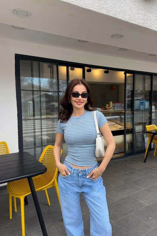 Çizgili Kısa Kol Tshirt Mavi