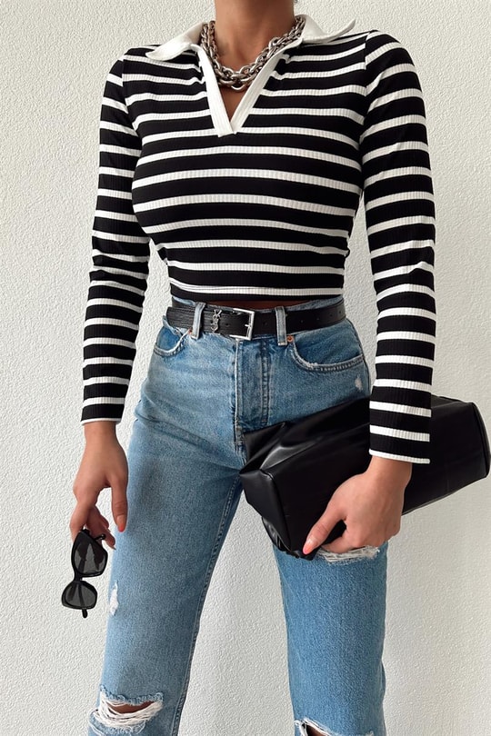 Çizgili Polo Yaka Tshirt Siyah