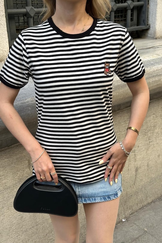 Çizgili Teddy Tshirt Siyah