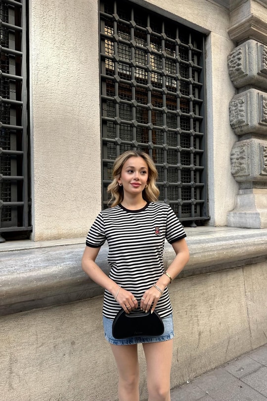 Çizgili Teddy Tshirt Siyah