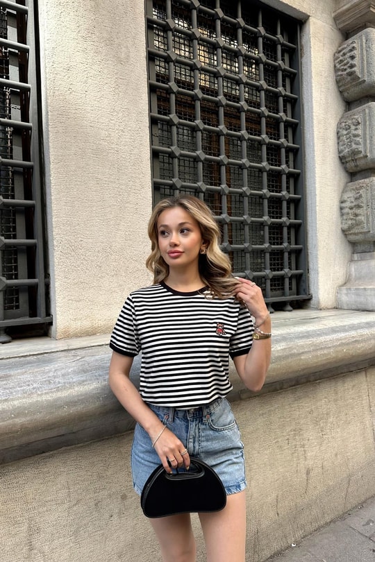 Çizgili Teddy Tshirt Siyah
