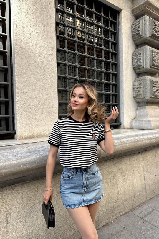 Çizgili Teddy Tshirt Siyah