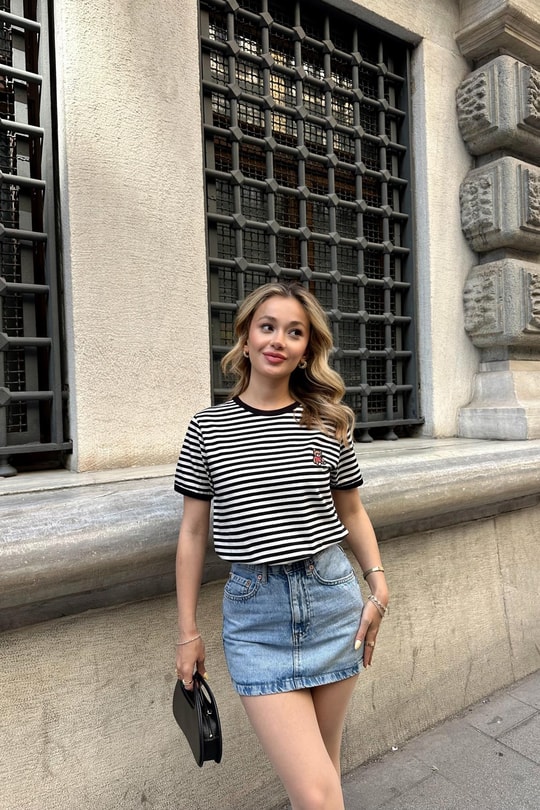 Çizgili Teddy Tshirt Siyah
