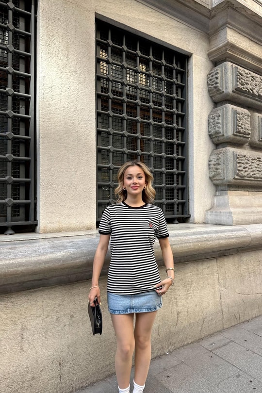 Çizgili Teddy Tshirt Siyah