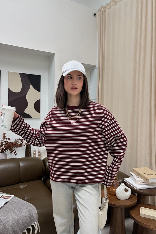 Çizgili Uzun Kol Tshirt Bordo