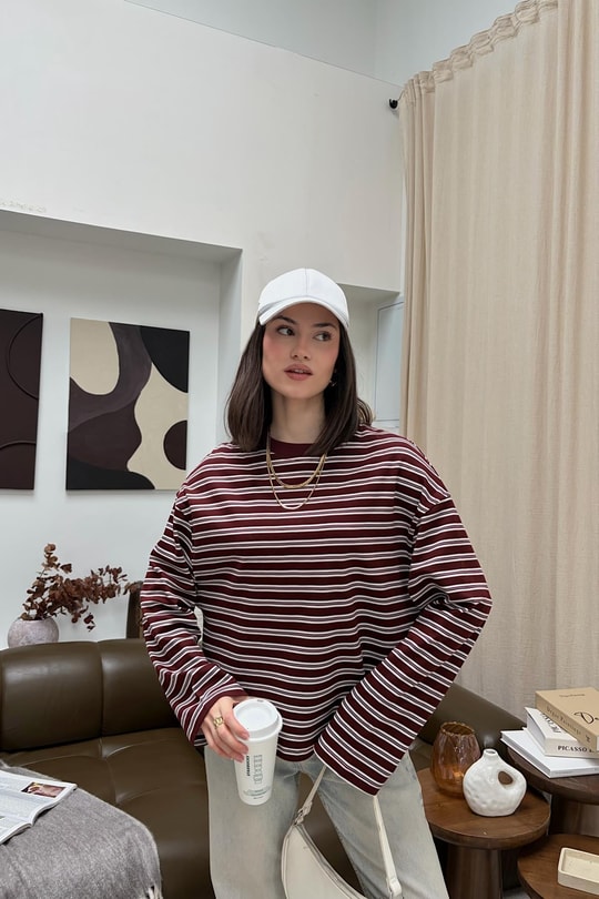 Çizgili Uzun Kol Tshirt Bordo