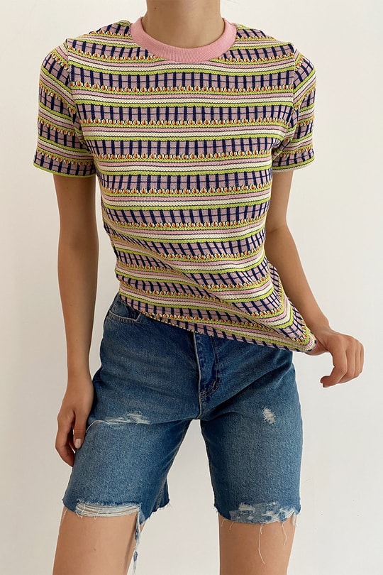Çok Şeritli Kısa Kol Tshirt Lila