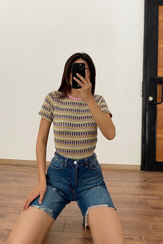 Çok Şeritli Kısa Kol Tshirt Lila