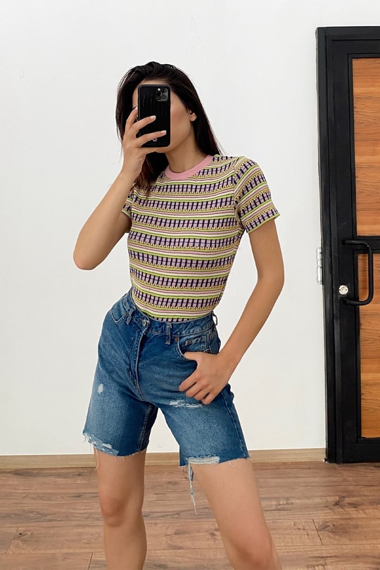 Çok Şeritli Kısa Kol Tshirt Lila