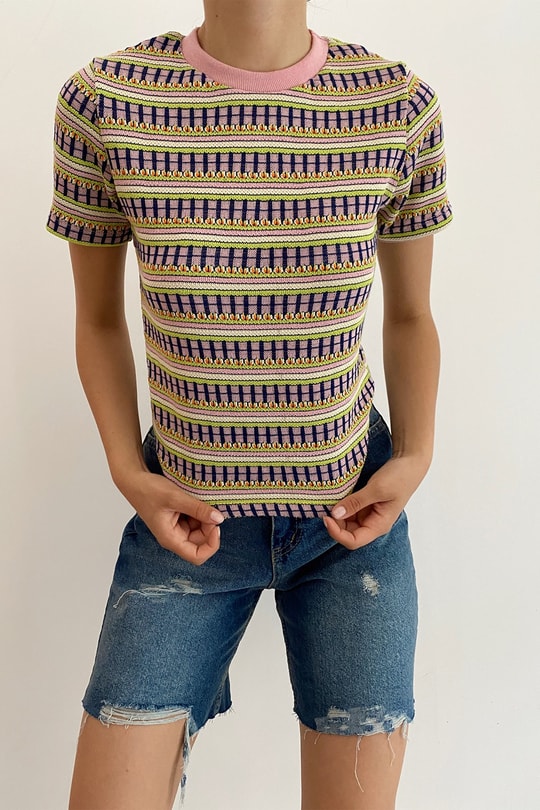 Çok Şeritli Kısa Kol Tshirt Lila