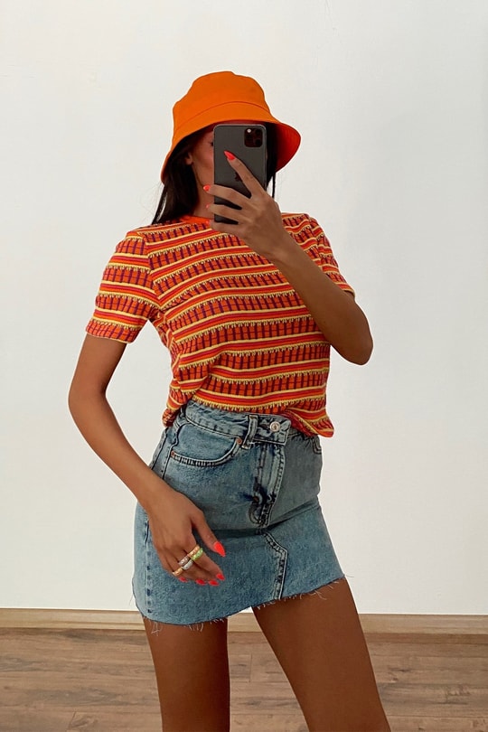 Çok Şeritli Kısa Kol Tshirt Oranj