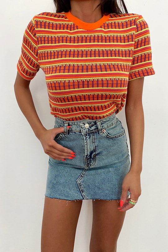 Çok Şeritli Kısa Kol Tshirt Oranj