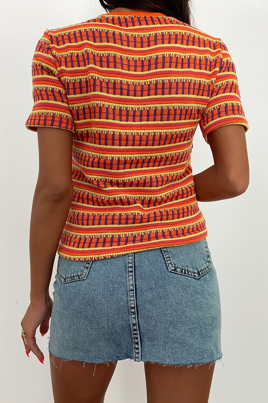 Çok Şeritli Kısa Kol Tshirt Oranj