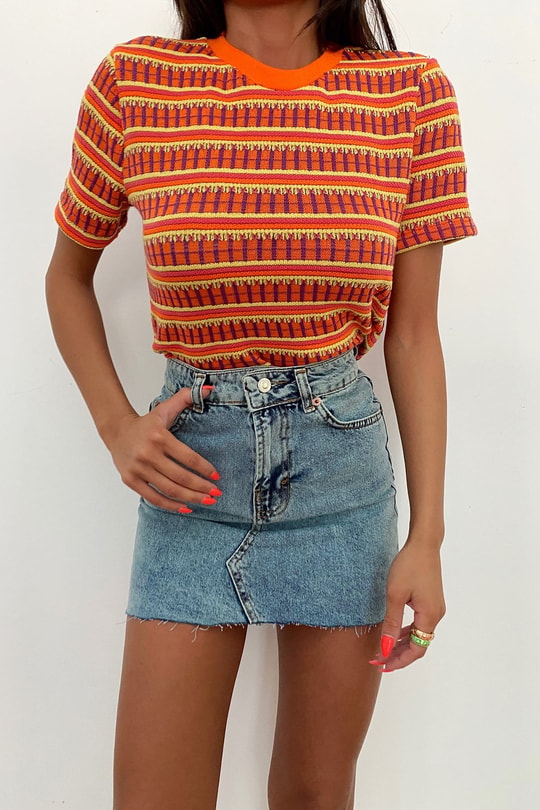 Çok Şeritli Kısa Kol Tshirt Oranj