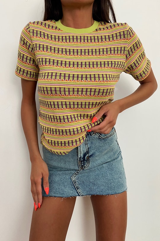 Çok Şeritli Kısa Kol Tshirt Yeşil