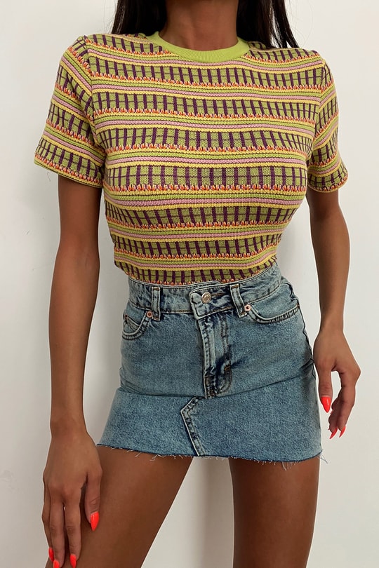 Çok Şeritli Kısa Kol Tshirt Yeşil