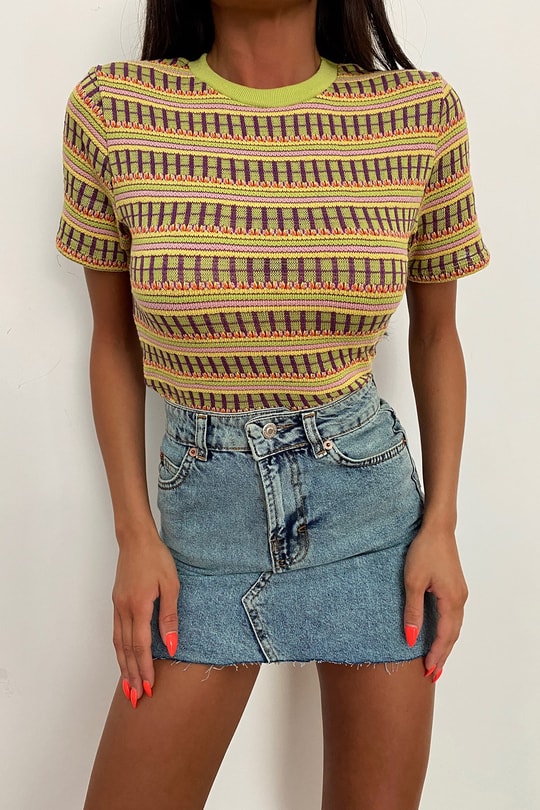 Çok Şeritli Kısa Kol Tshirt Yeşil